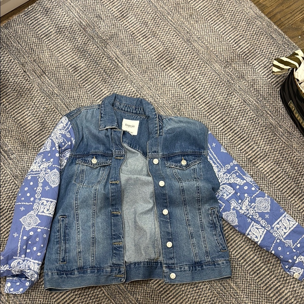 Kenzie Blue Jean Jacket with Patterned Sleeves